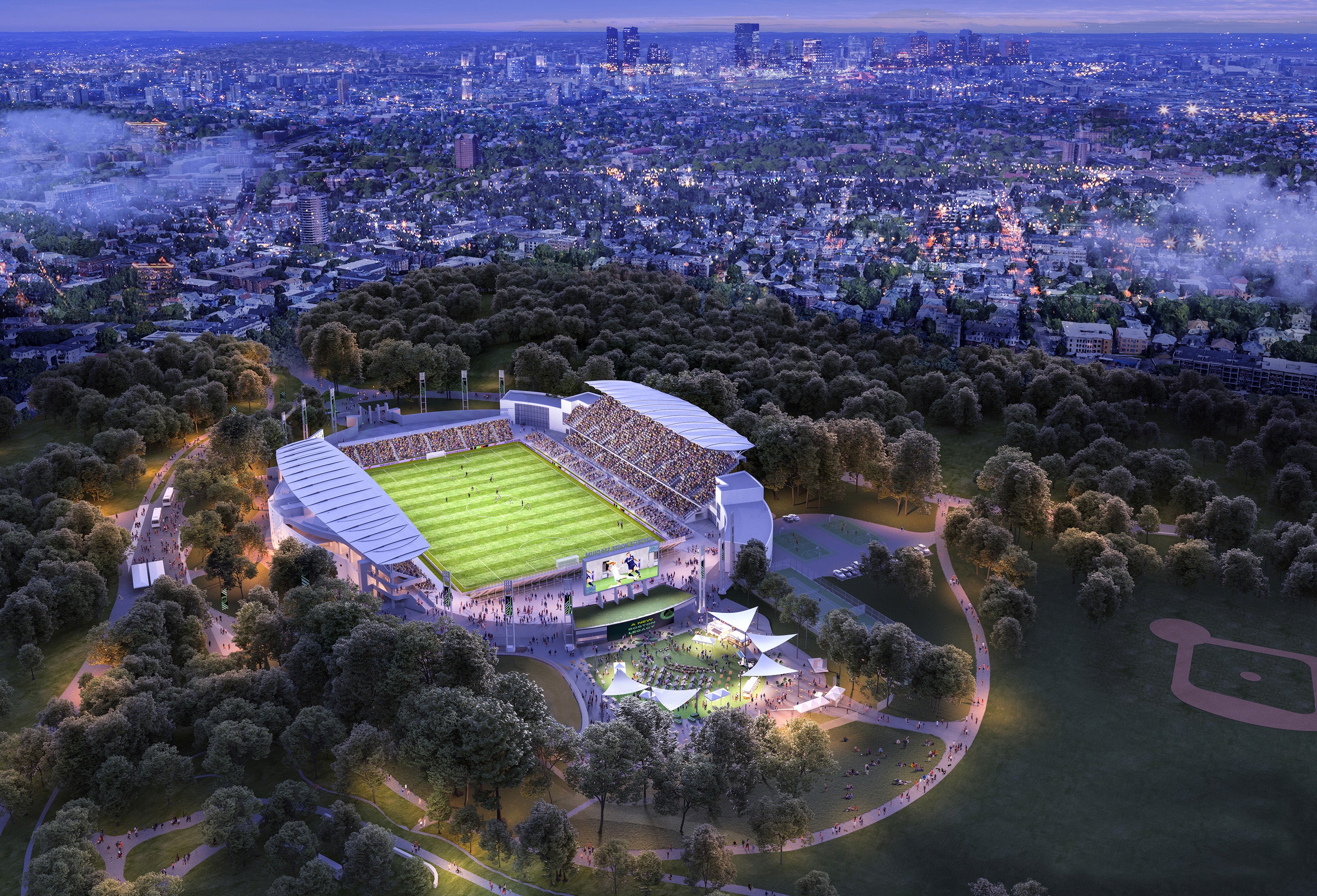 NWSL Boston, White Stadium, Aerial Rendering, Night